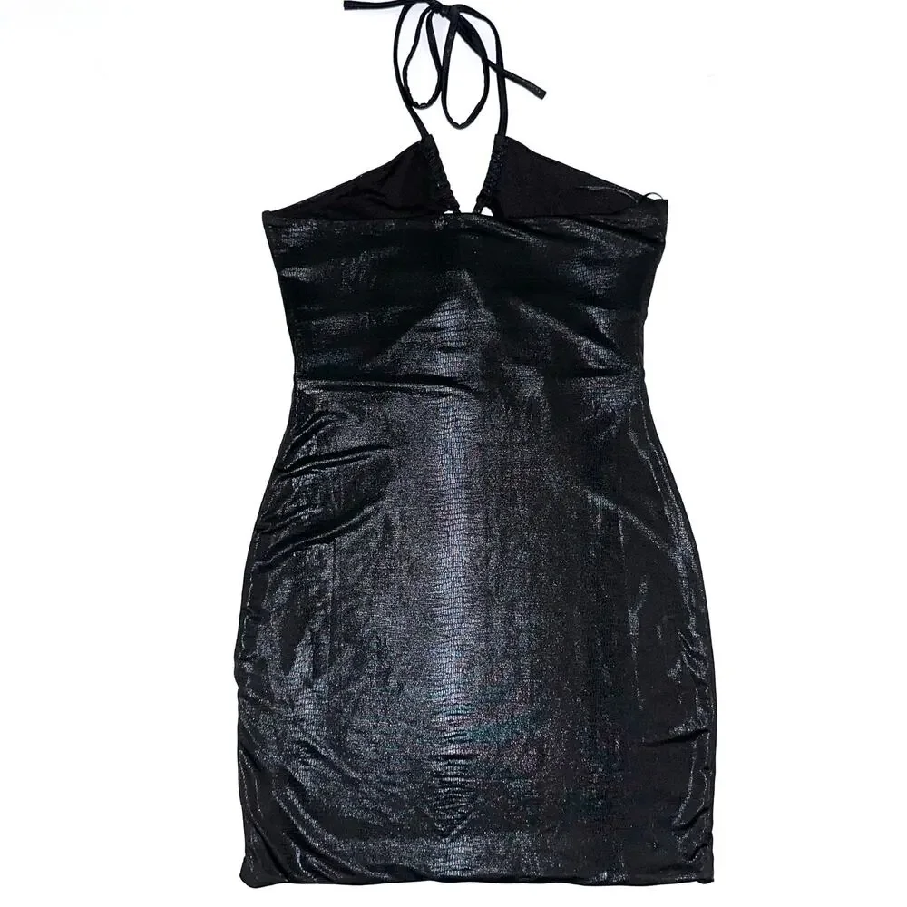 Princess Polly Black Shine Snake Texture Halter Bodycon Mini Dress Size 4